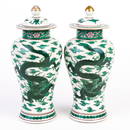 Chinese Famille Verte Porcelain Swirling Dragon Vases