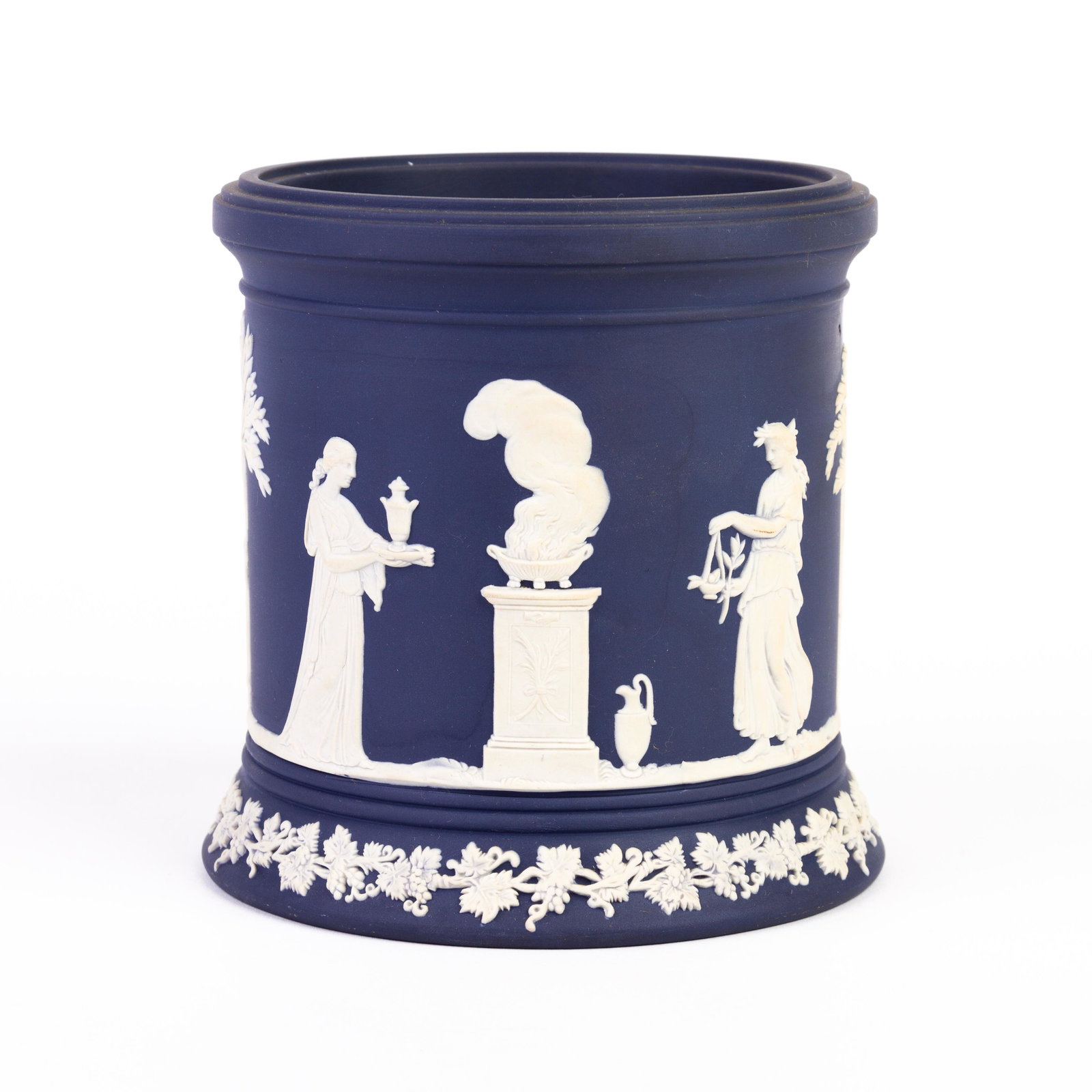 Wedgwood Jasperware Portland Blue Neoclassical Vase: DIMENSIONS APPROX 12x12x12.5CM. Please carefully study all photographs to get an accurate idea of the object. In good condition, as seen. Shipping is in-house and we ship internationally to US and res