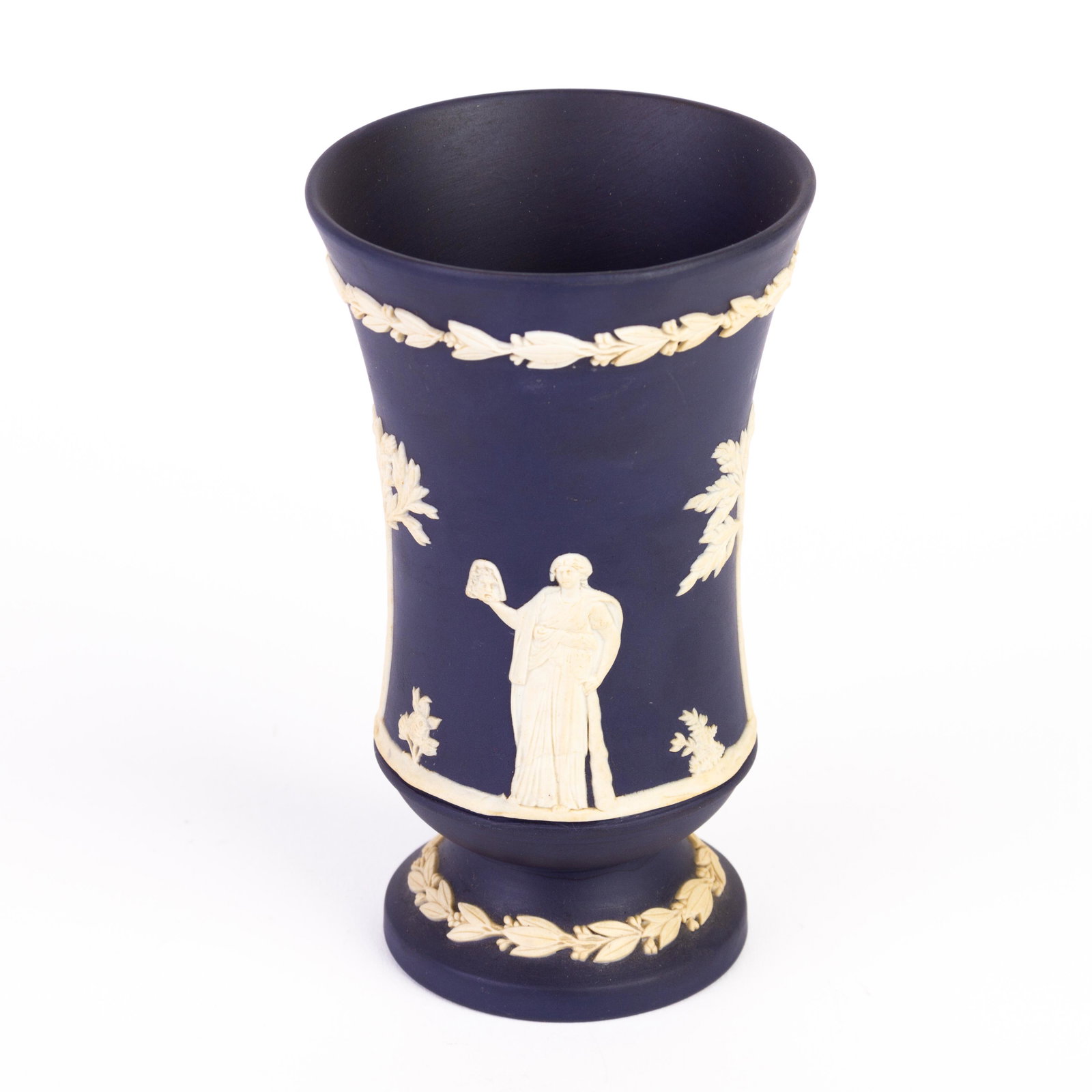 Wedgwood Jasperware Portland Blue Neoclassical Vase: DIMENSIONS APPROX 7.5x7.5x12.5CM. Please carefully study all photographs to get an accurate idea of the object. In good condition, as seen. Shipping is in-house and we ship internationally to US and r