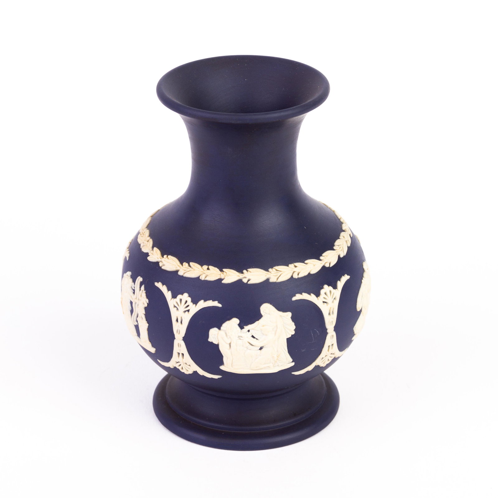 Wedgwood Jasperware Portland Blue Neoclassical Vase: DIMENSIONS APPROX 9.5x9.5x12.5CM. Please carefully study all photographs to get an accurate idea of the object. In good condition, as seen. Shipping is in-house and we ship internationally to US and r