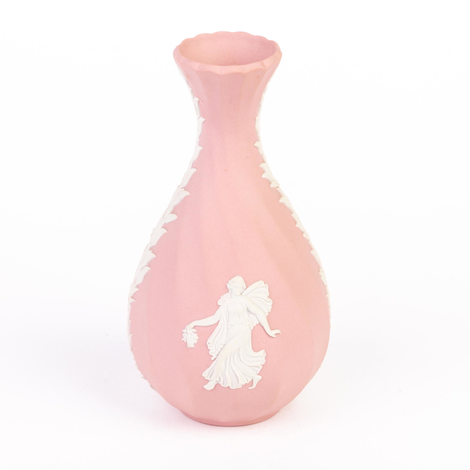 Wedgwood Pink Jasperware Dancing Hours Still Vase: DIMENSIONS APPROX 8x8x13.5CM. Please carefully study all photographs to get an accurate idea of the object. In good condition, as seen. Shipping is in-house and we ship internationally to US and rest