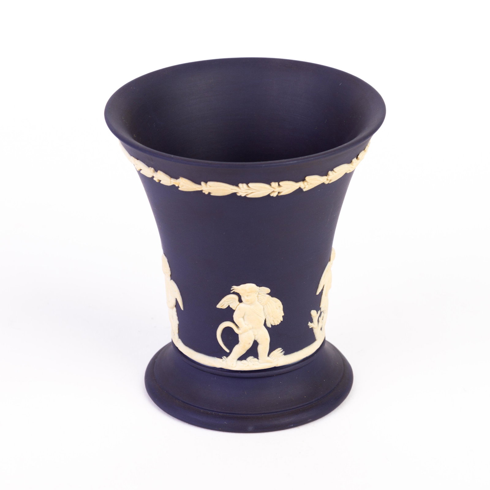 Wedgwood Jasperware Portland Blue Neoclassical Vase: DIMENSIONS APPROX 8.5x8.5x10CM. Please carefully study all photographs to get an accurate idea of the object. In good condition, as seen. Shipping is in-house and we ship internationally to US and res