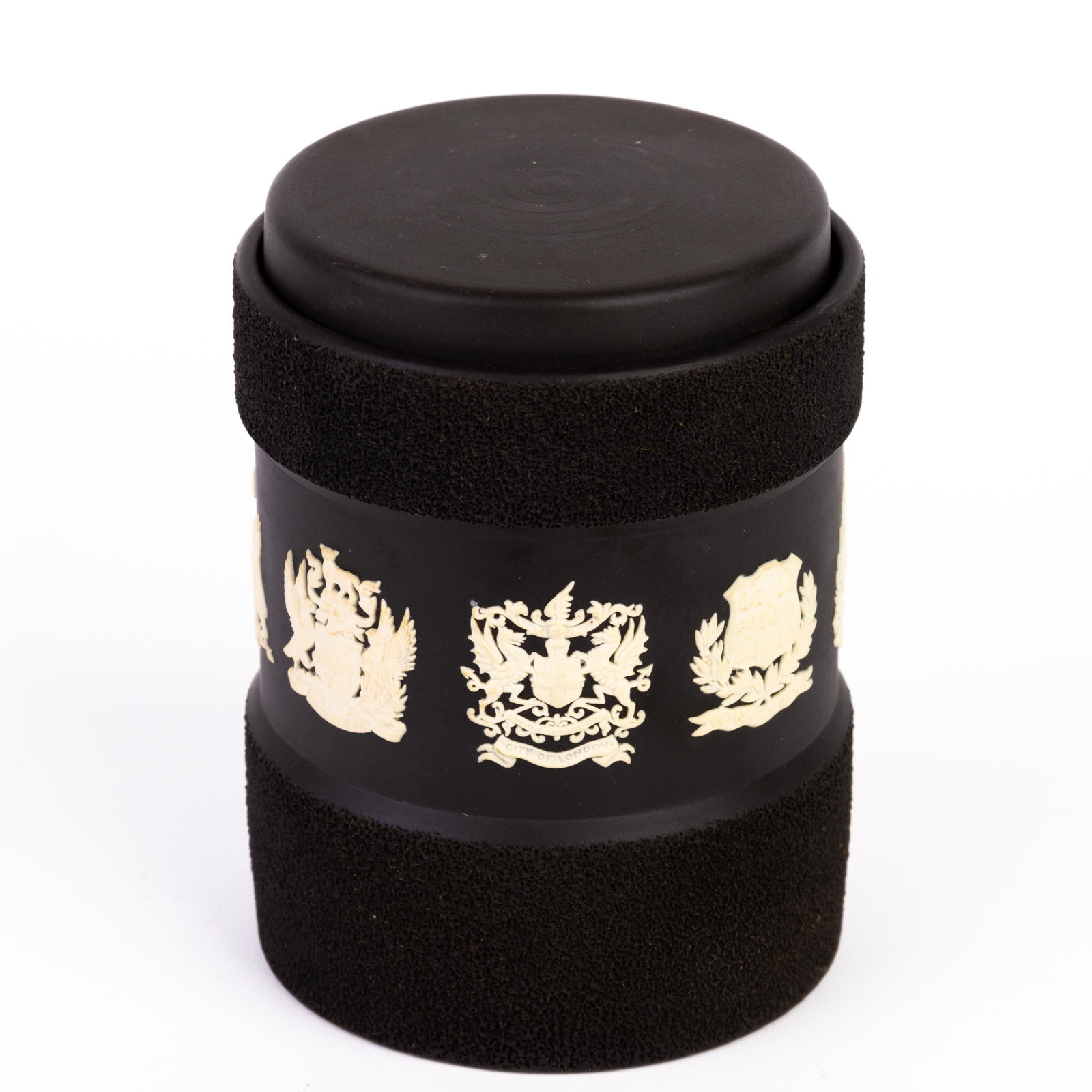 Wedgwood Black Basalt Tobacco Jar from London: DIMENSIONS APPROX 8.5x8.5x12CM. Please carefully study all photographs to get an accurate idea of the object. In good condition, as seen. Shipping is in-house and we ship internationally to US and res