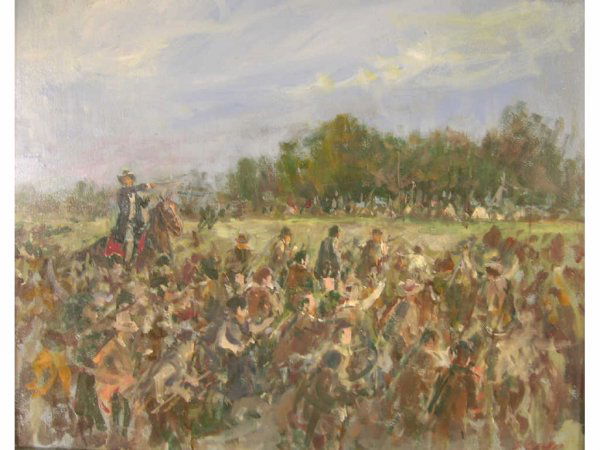 Markos, Lajos - Battle of San Jacinto: Oil on masonite, signed lower right Lajos Markos, undated. Measures: 16 x 20". Burled wood frame: 19" x 23" Condition: Very good.