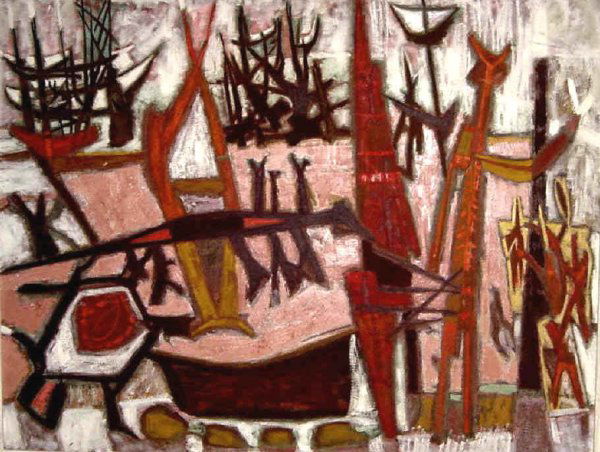Lester, William - Primitive Fantasy: Oil on canvas, signed verso William Lester (1910 - 1991) . Dated 1955. Label verso. Measures: 34" x 44" William Lewis Lester (1910 - 1991) was a professor of art at the University of Texas at Austin f