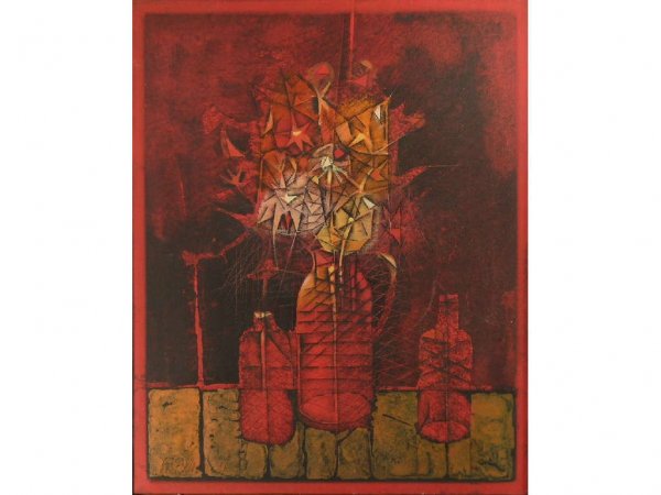Maxwell, Paul - Still Life with Red Bottles: Oil on canvas, signed lower left, Paul Maxwell (1925 - ) dated 1966. Measures: 30" x 24" Gold leaf frame 31" x 25" Paul Maxwell (1925 - ) has established himself as an artist of national importance as