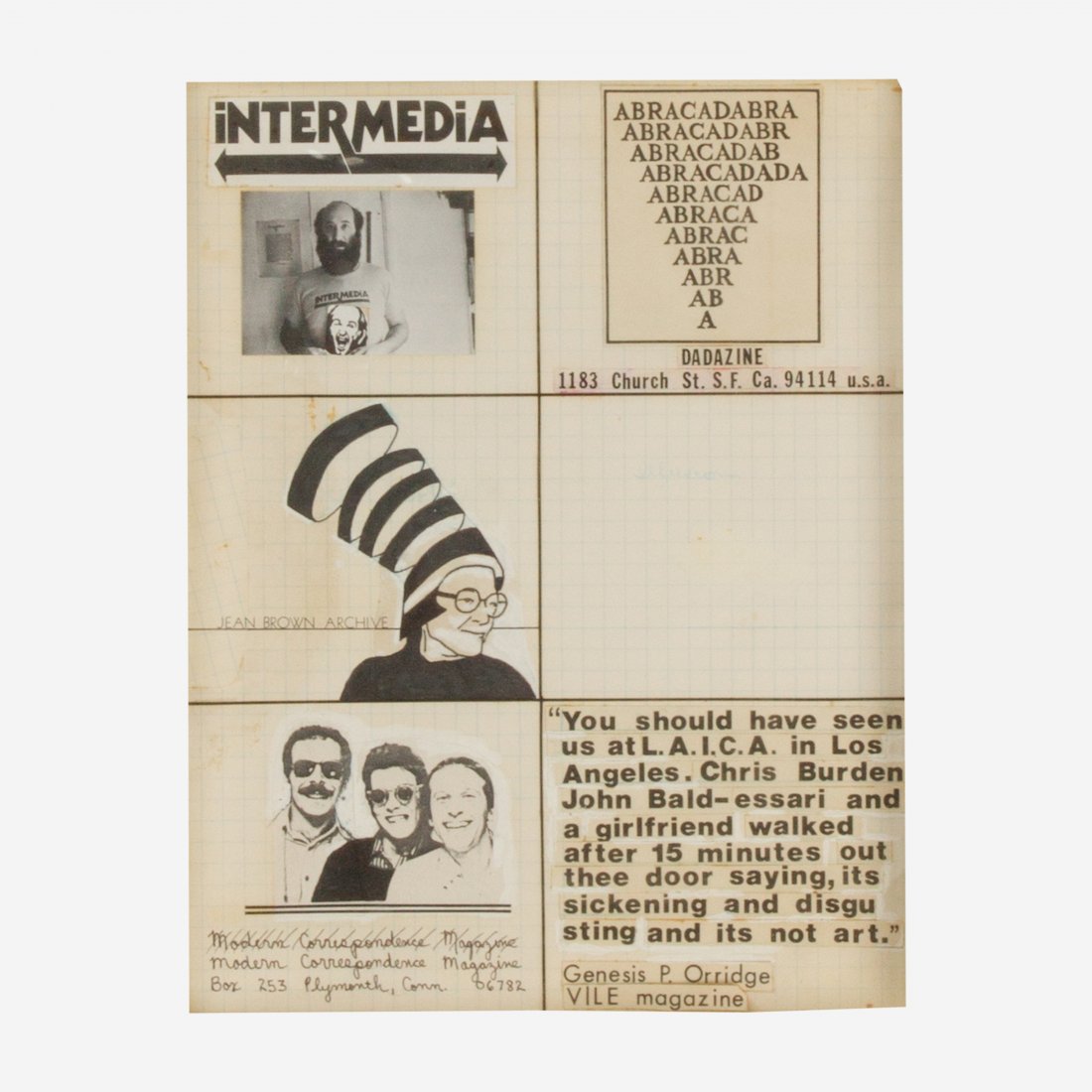 Anna Banana and Bill Gaglione, Mockup: USA, c. 1970s collaged paper frame 13 x 10; actual 11 x 8.5; 1.5 lbs1.5 lbs Mockup for Vile Magazine, cut and pasted paper relating to DADA zine, Vile Magazine, John Baldessari, Genesis P. Orridge, Je