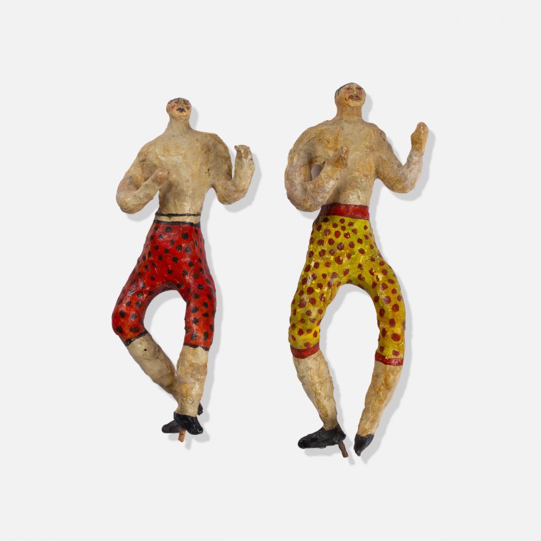 19th Century, Papier-Mache Boxers: USA, 19th Century paper, paint 16" x 5.5" x 4" largest Paint decorated papier-mache boxers. key: folk art, paper, sculpture, wrestling, outsider