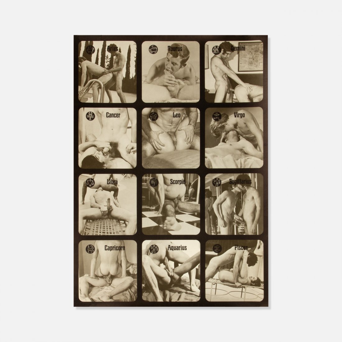 Private Press, Gay Zodiac Calendar: USA, c. 1960s printed matter 25" x 18" Zodiac calendar from unknown publisher featuring various sexual positions. key: paper, outsider, erotic, drawing, sex, fetish, kink, gay, ephemera, zodiac, astro