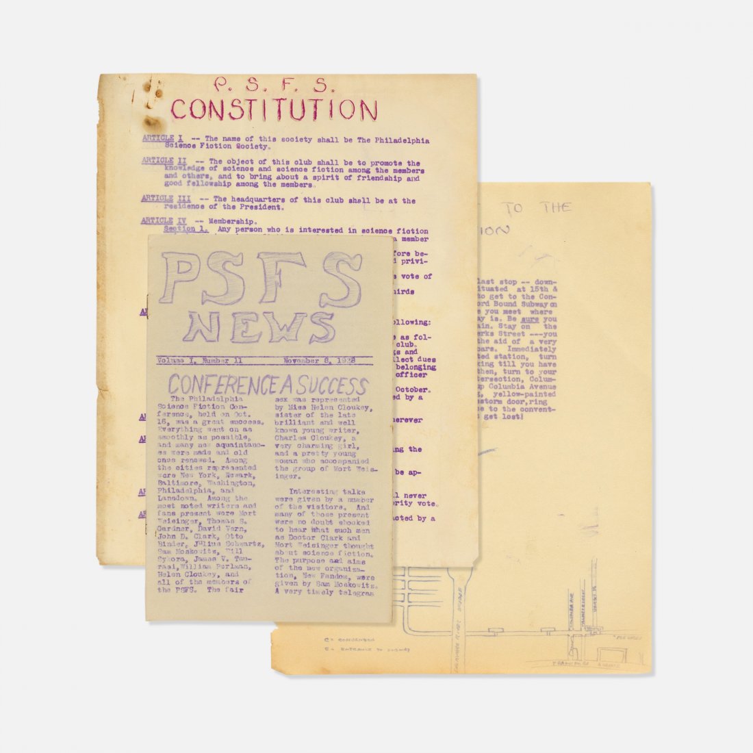 Philadelphia Science Fiction Society, Ephemera: Philadelphia, 1930s printed matter 11" x 8.5" Three pieces of ephemera by early sci-fi organization, Philadelphia Science Fiction Society, including the P.S.F.S Constitution, a sheet showing direction