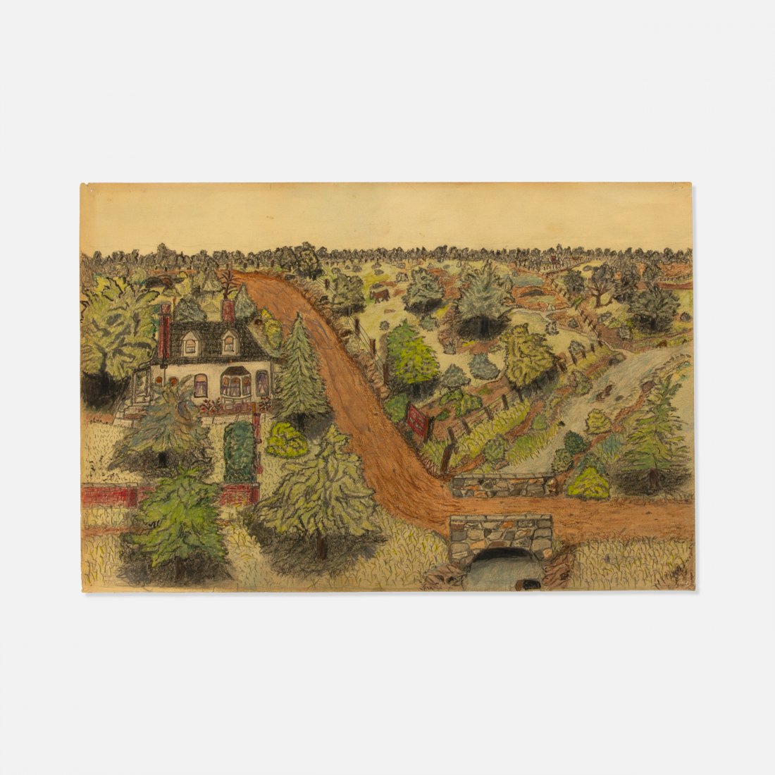 Self-Taught, Scenic Drawing: USA, c. 1930s graphite, pastels 17 7/8" x 12" Self-taught drawing of a countryside house by a dirt road with small stone bridge. Additional pencil drawing on verso, with tic-tac-toe games (all draws),