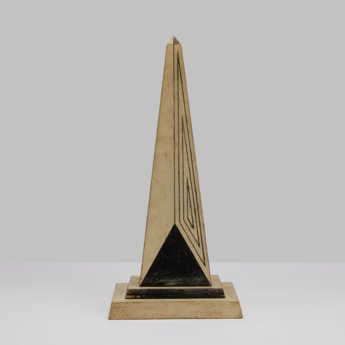Folk Art, Painted Obelisk: USA, c. 1920s wood, paint 13.5" x 6.25" x 6.25" Painted wood obelisk with geometric pattern and stepped base. Provenance: Private collection, NYC key: architectural, art deco, decorative, sculpture