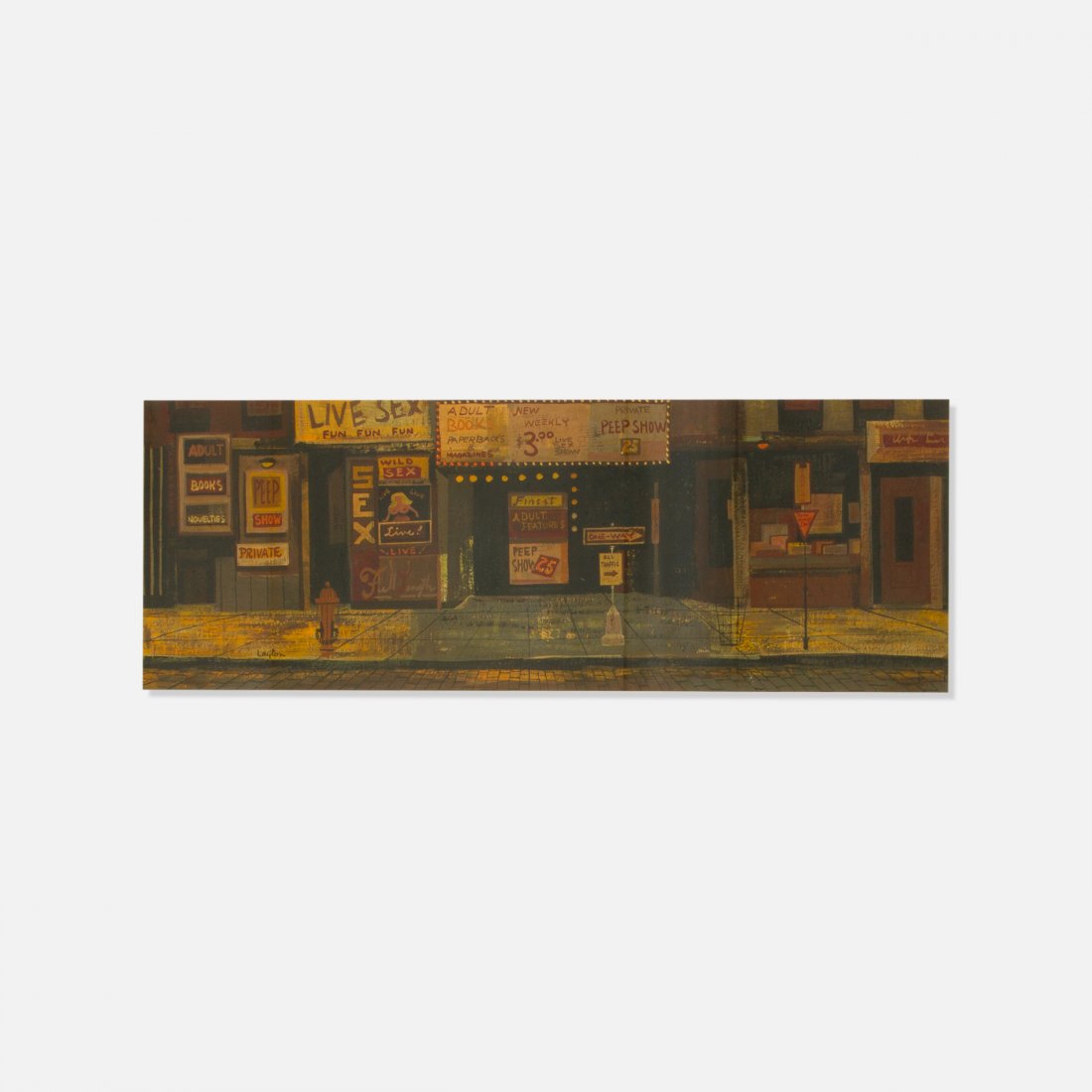Margaret Layton, Untitled (Times Square): NYC, c. 1950s paint, glass, wood 23.75" x 8.5" actual 30 5/8" x 50.75" frame Painting by Margaret Layton depicting the peep show storefronts in Times Square. Provenance: Private collection, Georgia ke