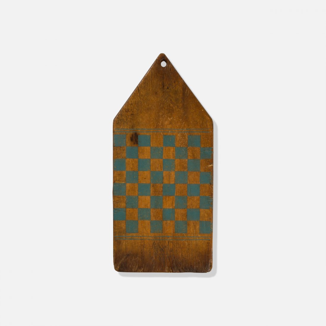 Folk Art, Gameboard: 18.5 x 8.5 x 3/8early 20th centuryUSA, Early 20th Century wood, paint 18.5" x 8.5" x 3/8" Hanging primitive checkerboard with blue paint. Provenance: Private collection, NYC key: primitive, folk art, 