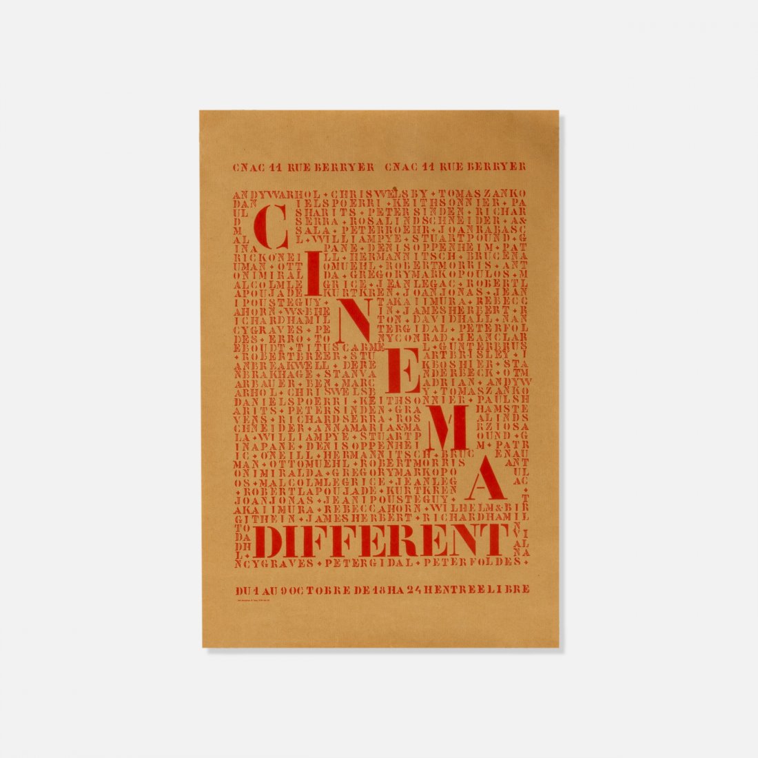 Cinema Different, Poster: France, c. 1960s printed matter 24" x 16" Rare poster for Cinema Different, an experimental film festival. Printed by Ste Mondiale d'Imp. Films by Richard Serra, Andy Warhol, Chris Welsby, Keith Sonni