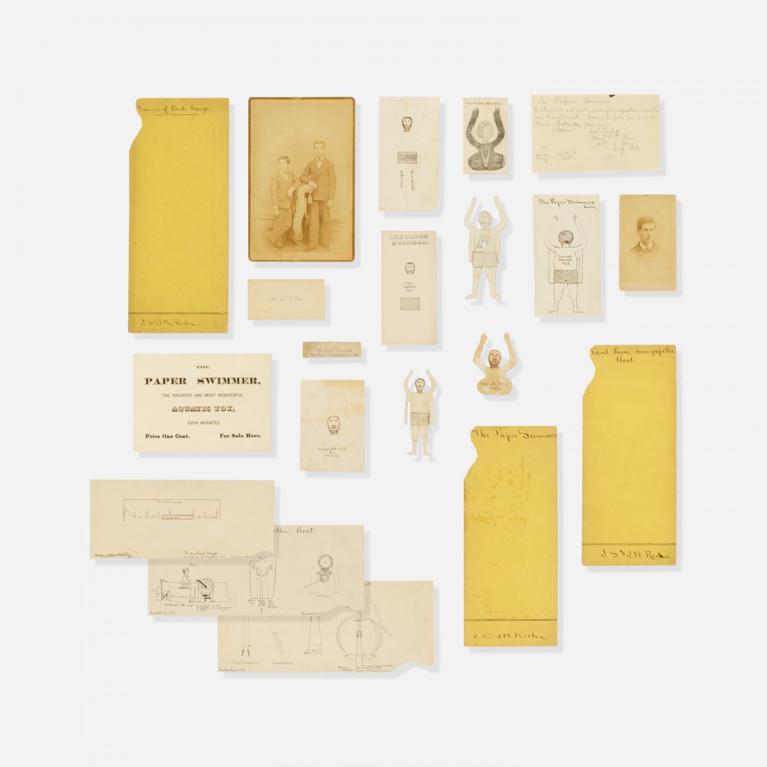 Joseph and Jacob Rich, Paper Swimmer Archive: USA, late 19th century century mixed largest (envelope) 9.5" x 4" Collection of printed ephemera, photos and drawings related to the Paper Swimmer. Likely used for patent application. Pictured are Jos