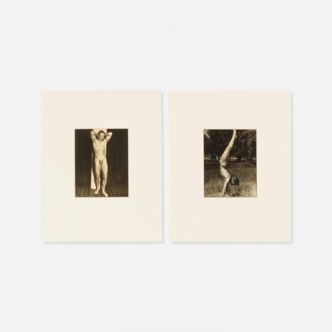 Western Photography Guild, Bodybuilder Photographs: USA, 1940s silver gelatin prints each 5" x 4" mat 10" x 8" Pair of artistic bodybuilding photographs. One stamped Western Photography Guild on verso. key: photography, gay, erotic, realism