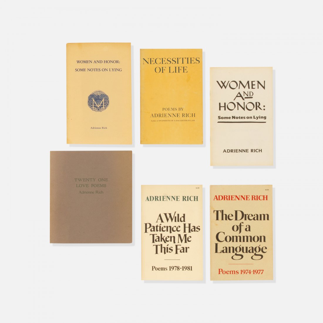 Women's Liberation Movement, Six Books by Adrienne Rich: USA, 1966-1981 printed matter Six books by Adrienne Rich including: Women and Honor: Some Notes on Lying by Adrienne Rich, Unknown Edition Necessities of Life by Adrienne Rich, First Edition, W.W. Nor