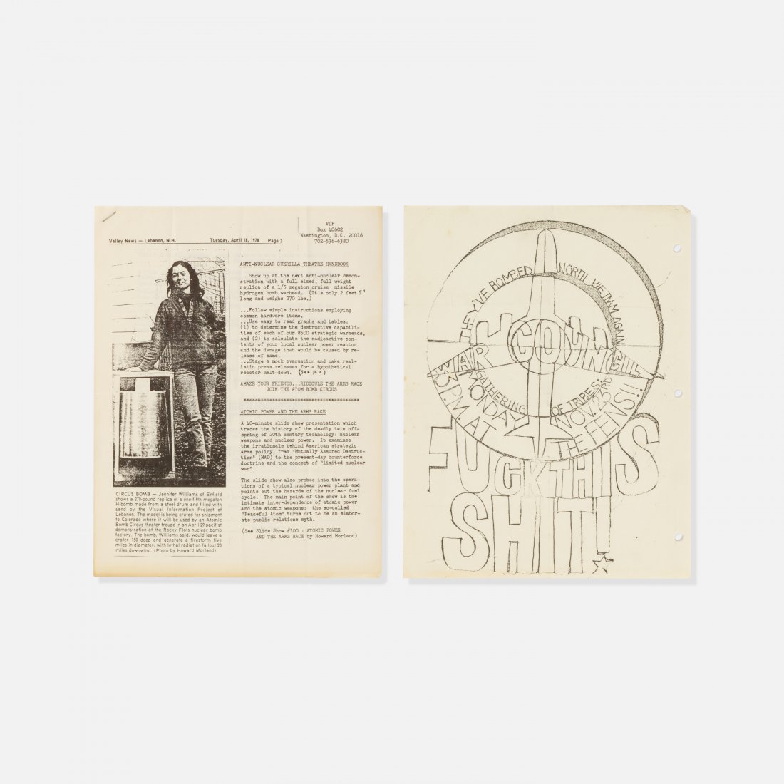 Protest, Anti-Nuclear Handbook and Anti-Vietnam Flyer: USA, 1970s printed matter 11" x 8.5" A handmade and photocopied anti-war flyer and stapled Anti-Nuclear Guerilla Theatre Handbook from Lebanon, N.H. key: communist, anarchist, counter culture, hippie,