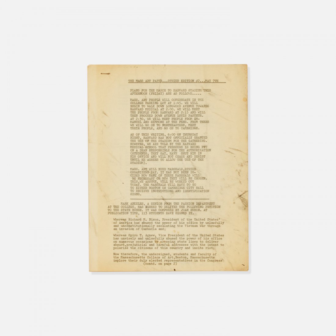 Protest, The Mass Art Paper Strike Edition Booklet: USA, 1960s printed matter each 11" x 8.5" The Mass Art Paper, Strike Edition #2, May 7. Stapled booklet. key: counter culture, hippie, protest, political, marxist, communist