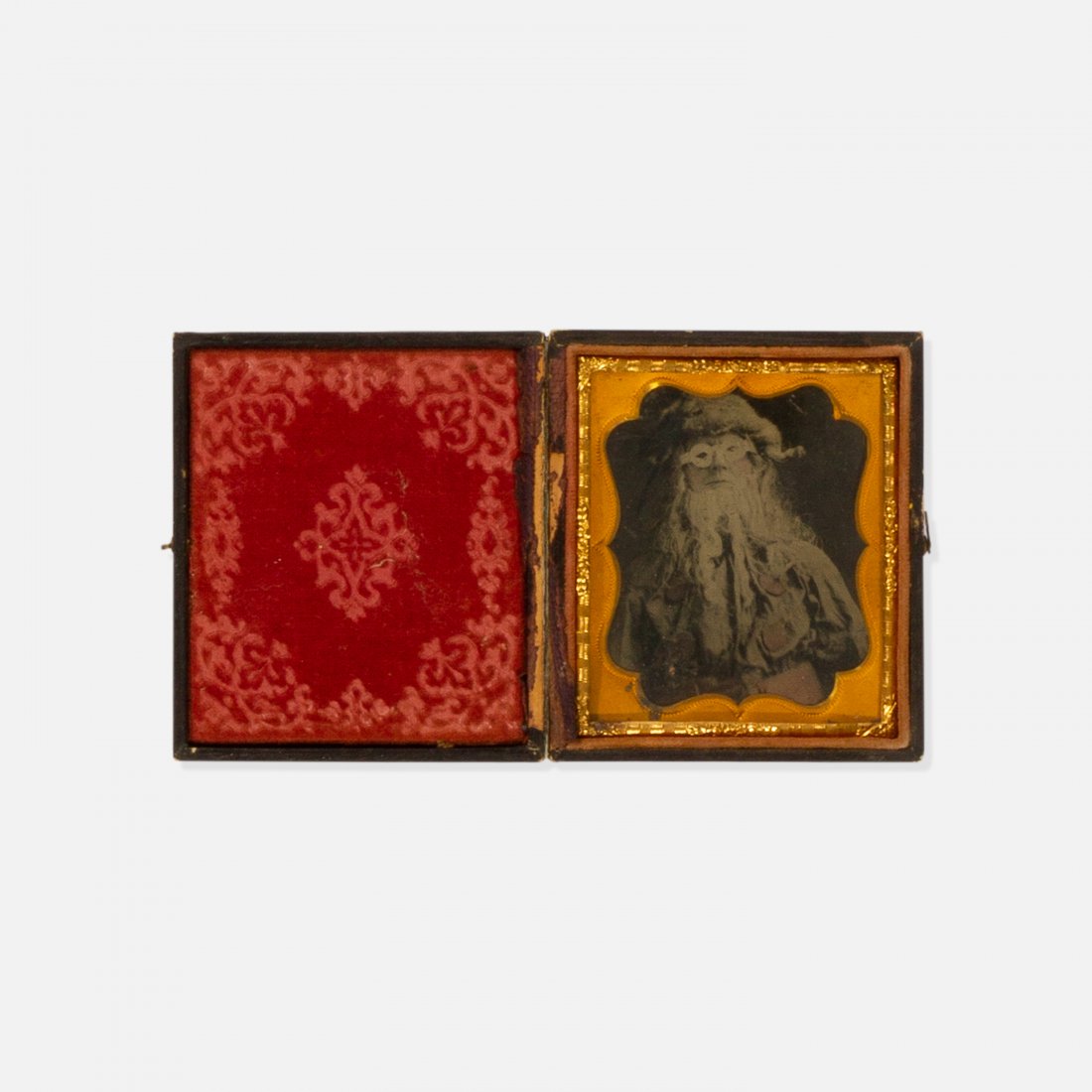 19th Century, Santa Claus Tintype: USA, 19th c. tintype closed case 3.75" x 3.25" Early tintype of Santa Claus with hand colored red accents in case. key: early photography, antique, cabinet card, cdv, christmas