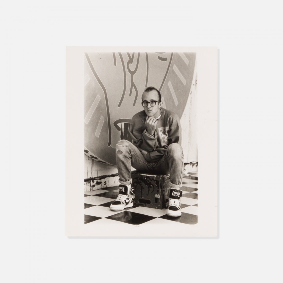 Anonymous, Photograph of Keith Haring: USA, 1980s silver gelatin print 10" x 8" Photograph of Keith Haring in his studio by unknown Photographer. key: photography, modern art, painting