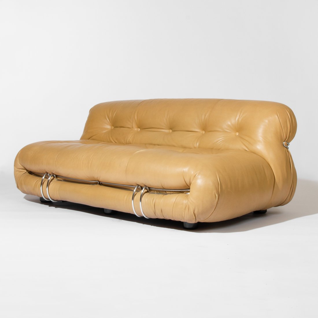 Afra and Tobia Scarpa, Soriana Sofa: Italy, 1970 leather, chrome-plated steel 70" x 41" x 28" Soriana sofa by Afra and Tobia Scarpa for Cassina in cognac leather. key: sofa, lounge, chair, atelier international, modernist, space age, ita