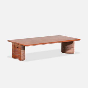 Italian Modern, Red Travertine Low Table: Italy, 1970s travertine 14&rdquo; x 31.5&rdquo; x 55.25&rdquo; Modernist Italian low table in figural red travertine with demilune ball-and-socket leg construction, in the vocabulary of Mario Bellini.