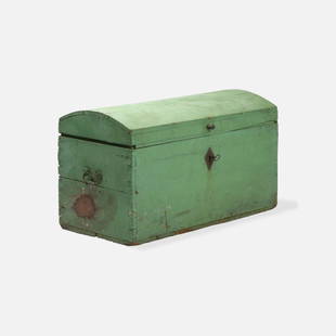 19th Century, Painted Dome Top Trunk: Late 19th Century wood, paint, iron, paper 26” x 44.75” x 22.5” Large wooden dome-top dovetailed trunk in original paint with artisanal forged hardware. Removed page from an 1830s Ge