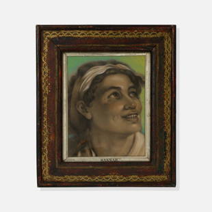 R.J. Goldie, Hannah: USA, 1882 pastel 9&rdquo; x 7&rdquo; frame 14.5&rdquo; x 12.5&rdquo; aperture Unusually styled and composed vernacular portrait titled Hannah, by unknown artist R.J. Goldie, signed in the drawing, as