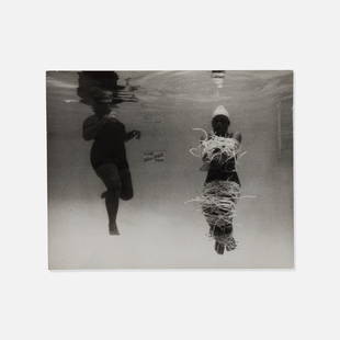 John R. Hamilton, Escapalogical Press Photograph: USA, c. 1950s silver gelatin 10&rdquo; x 8&rdquo; Photograph of unknown escape artist bound underwater by John R. Hamilton. Rubber stamped on verso by Globe Photos and Rex Features. Tags: antique, pho