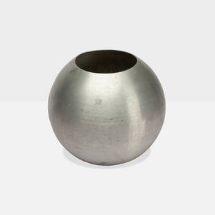 Russel Wright, Large Ball Vase: USA, c. 1932 spun aluminum 9” x 10” diameter Large model Ball Vase by Russel Wright. Impressed manufacturer's mark to underside [Russel Wright]. Tags: modernist, modern, mid century,