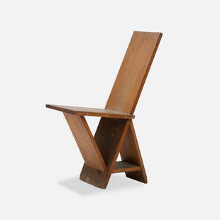 Homemade, Constructivist Chair: USA, 1960s oak 36.25” x 24.5” x 15 5/8” Modernist plank chair comprised of five boards with notched seat. Tags: rietveld, de stijl, schindler, usonian, frank lloyd wright, flw,