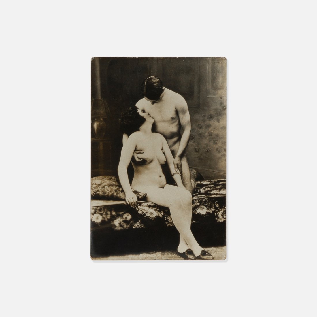 Erotic, Mazophilic Fetish Photograph: Unknown, c. 1910-1920 silver gelatin 6” x 4” Early erotic photograph of a mazophilic couple seated on a bed, with armpit penetration, c. 1910s-1920s. Tags: antique, photography, fetish, se