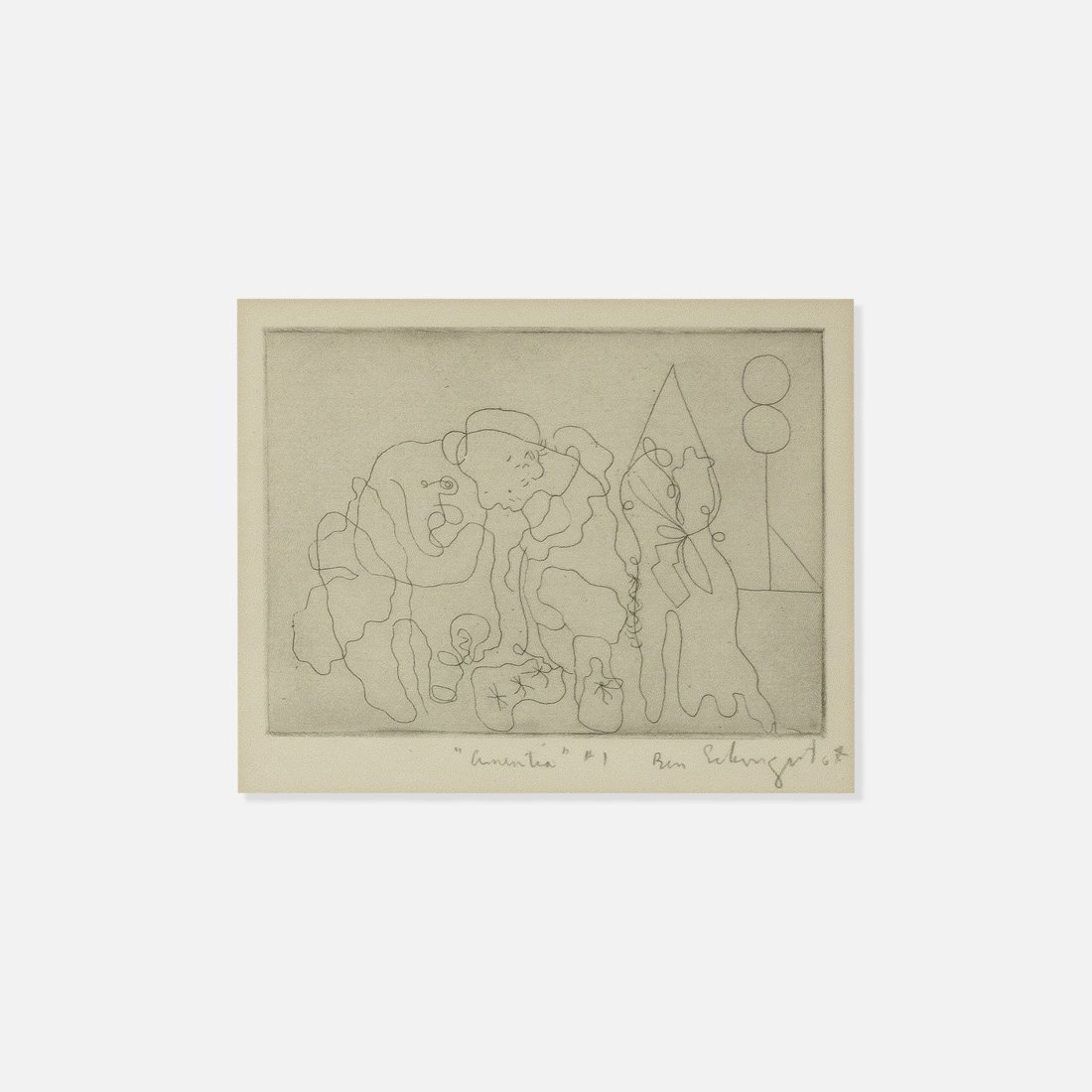 Ben Schonzeit, Amentia #1: USA, 1968 print 15” x 13” frame 4.5” x 5.75” aperture Amentia #1 by Ben Schonzeit, 1968, prior to his more known photorealist painting work. Signed and dated at bottom right [B