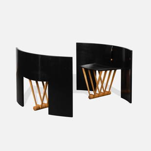 Thomas Hucker, Shield Back Chairs: USA, 1992 east indian laurel, lacquer 30&rdquo; x 45&rdquo; x 18&rdquo; Pair of Shield Back Chairs by Thomas Hucker, as shown at Peter Joseph Gallery, New York, 1992. Hucker studied under Andrea Branz