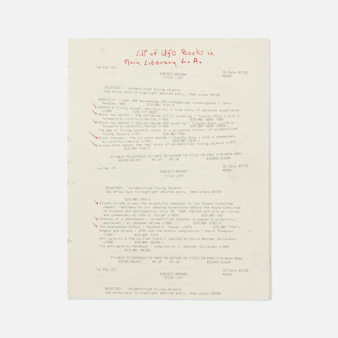 UFO, Library Catalog Printout (1 of 2)