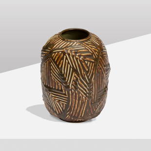 Axel Salto, Vase: Denmark, c. 1940 glazed stoneware 7 7/8&rdquo; x 5 7/8&rdquo; diameter Vase by Axel Salto for Bing & Grondahl with twig and branch design in relief. Impressed manufacturers mark to underside [B&D] and