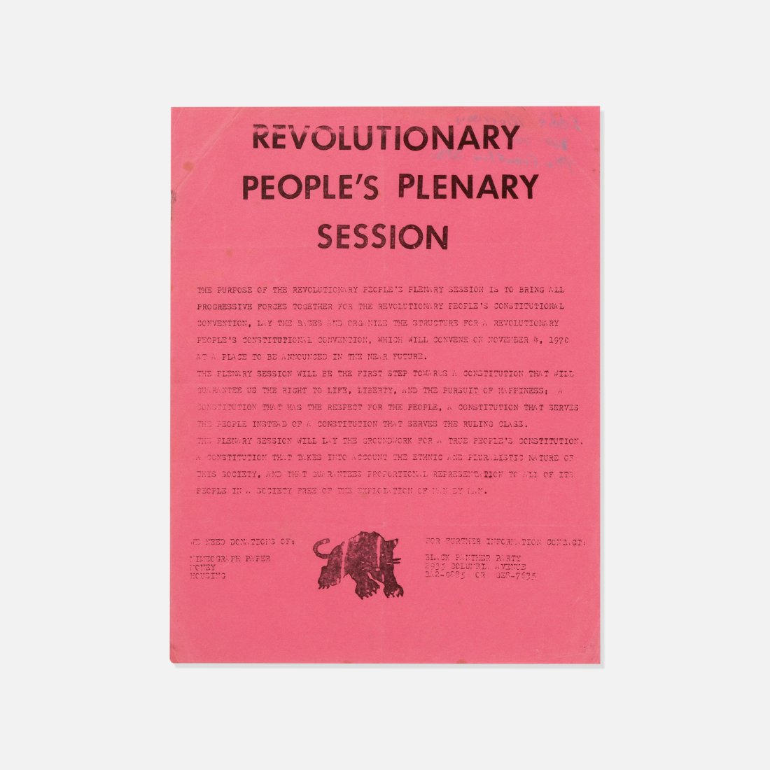 Black Panthers, Revolutionary People's Plenary Session Flyer: USA, 1970 printed matter 8.5” x 11” Black Panthers flyer for [Revolutionary People's Plenary Session] which was held in order to establish a "Revolutionary People's Constitution," a consti