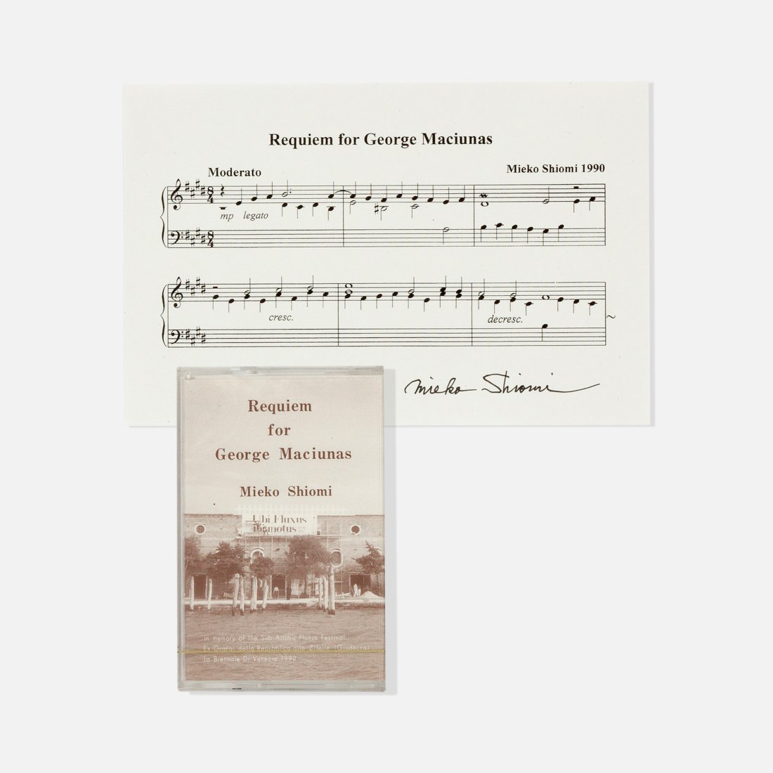 Mieko Shiomi, Requiem for George Maciunas: Japan/USA, 1990 printed matter, plastic, magnetic tape 4 5/8” x 7” paper Fluxus composition with sealed cassette tape, Requiem for George Maciunas, by Mieko Shiomi (formerly Chieko), co-fo
