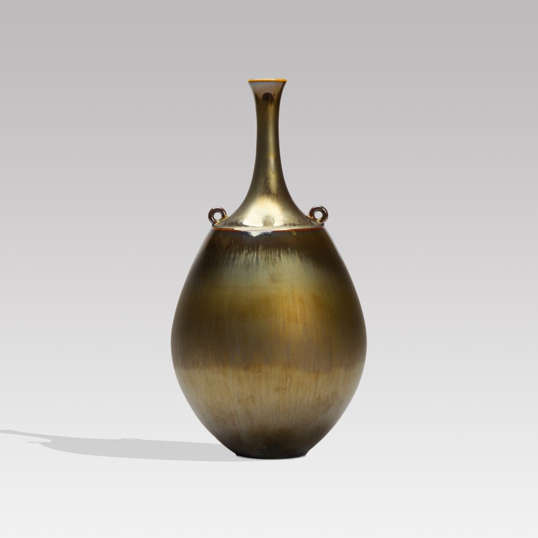 Hideaki Miyamura, Vase: New Hampshire, c. 2000 glazed porcelain 14 1/8” x 7” Tenmoku glazed porcelain vase by Hideaki Miyamura with applied handles. Incised signature to base. Tags: ceramic, pottery, japanese, ar