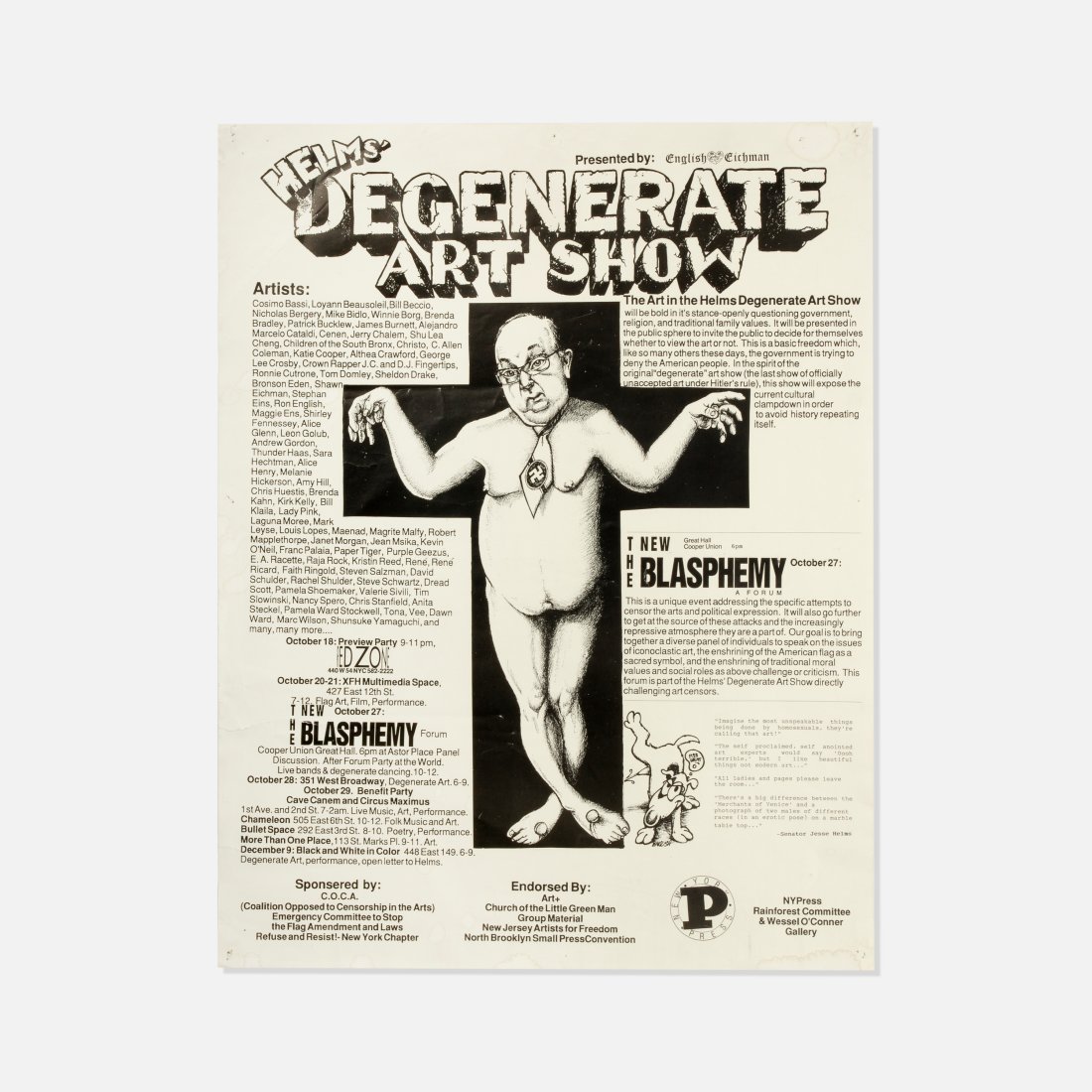 Ron English, Helms' Degenerate Art Show: USA, 1970s printed matter 22 1/2” x 17 3/8” Poster for Helms' Degenerate Art Shot and The New Blasphemy Forum held at Cooper Union in opposition to censorship in the arts, with illustratio