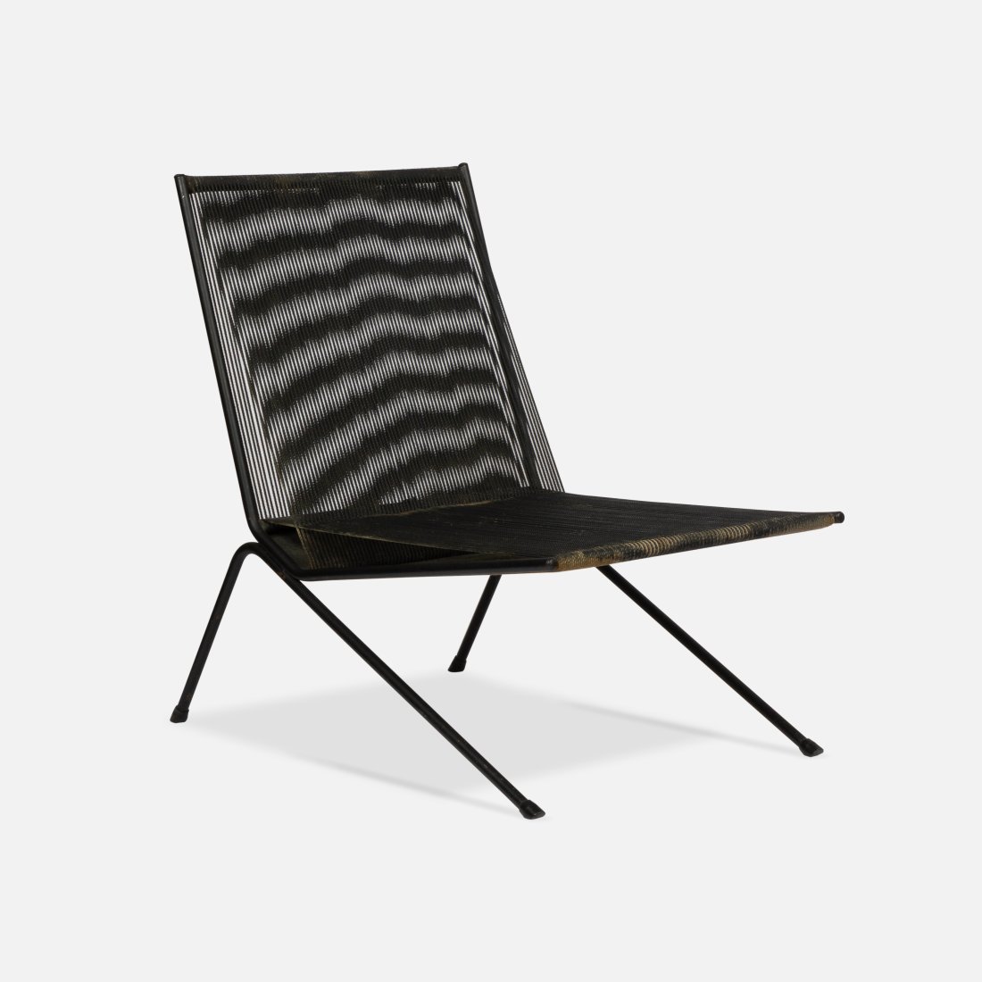 Allan Gould, Early Bow Chair: USA, c. 1950 enameled steel, cotton cord 29 1/2" x 20" x 29" Bow Chair by Allan Gould for Allan Gould Designs. Present example an early, pre-stretcher iteration. Tags: new york, east coast, iron, desi