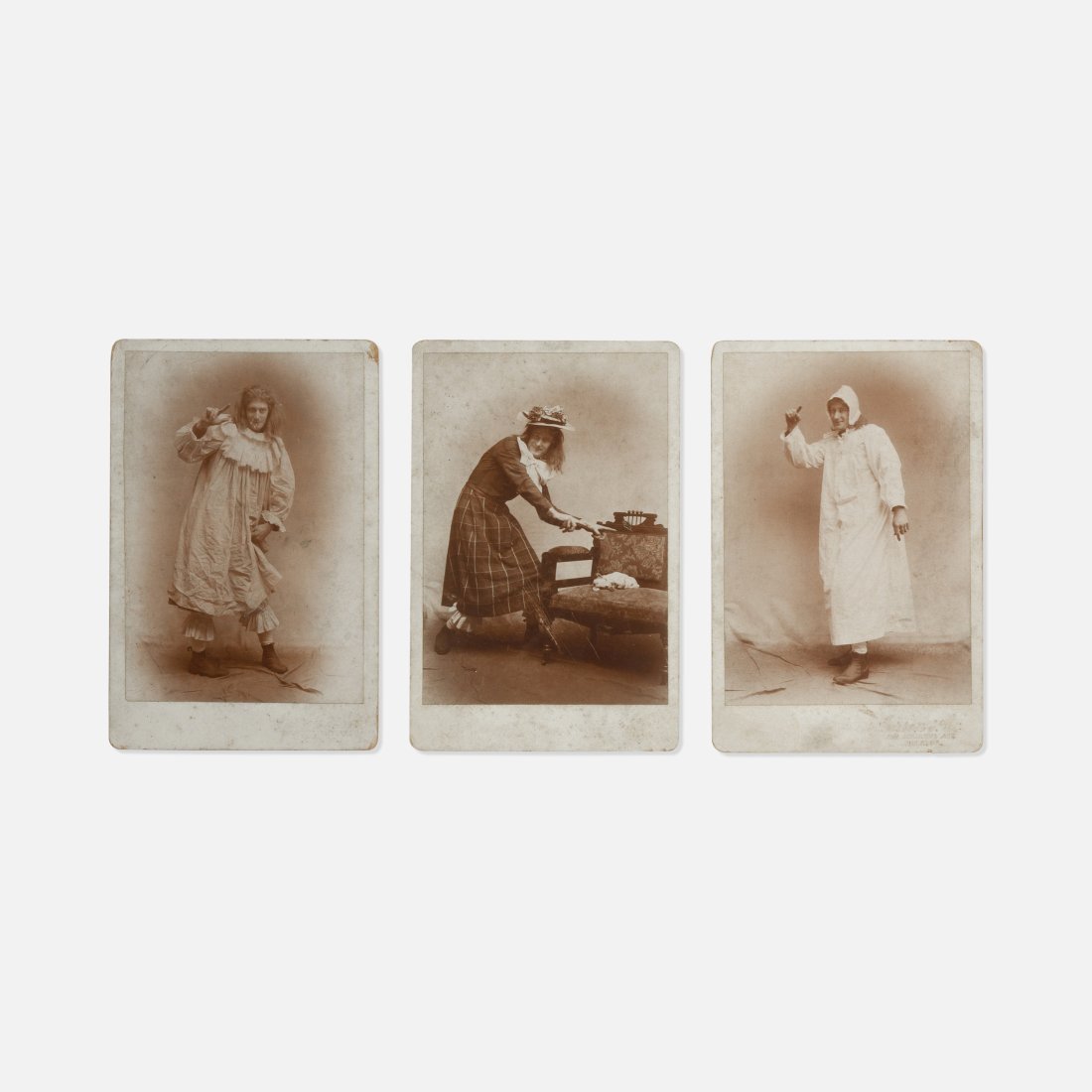 Drag, Three Photographs: USA, Late 19th century albumen prints 6 1/2” x 4 1/4” each Three drag cabinet cards with subject in wry poses. Signed with embossed stamp bottom right [Gersen & Co.] Tags: photo, photograp