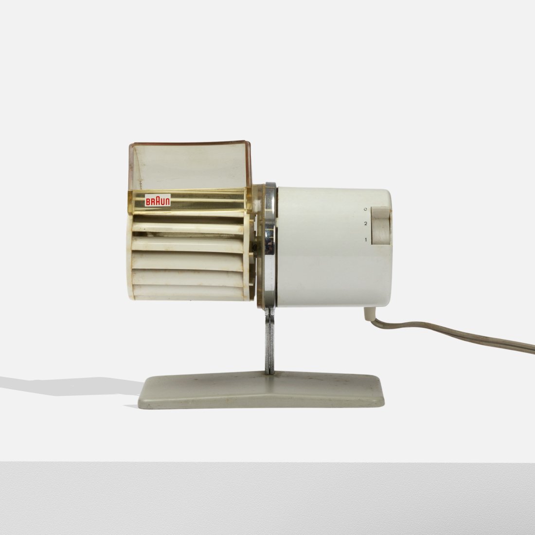 Reinhold Weiss, Braun HL-1C Fan: Germany, 1961 plastic, steel, acrylic 5 1/4" x 3 1/4" x 5 3/4" Model HL-1C desk fan by Reinhold Weiss for Braun. Stamped manufacturer's mark to underside [Braun AG Frankfurt a.M. Factory Barcelona]. T