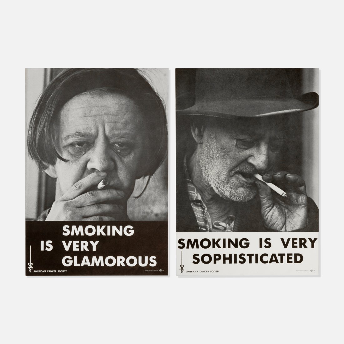 American Cancer Society, Anti-Smoking Ads: USA, 1972-74 printed matter 11" x 16" each Two ads by the American Cancer Society with sarcastic slogans [SMOKING IS VERY SOPHISTICATED], and [SMOKING IS VERY GLAMOROUS]. Tags: print, ephemera, modern