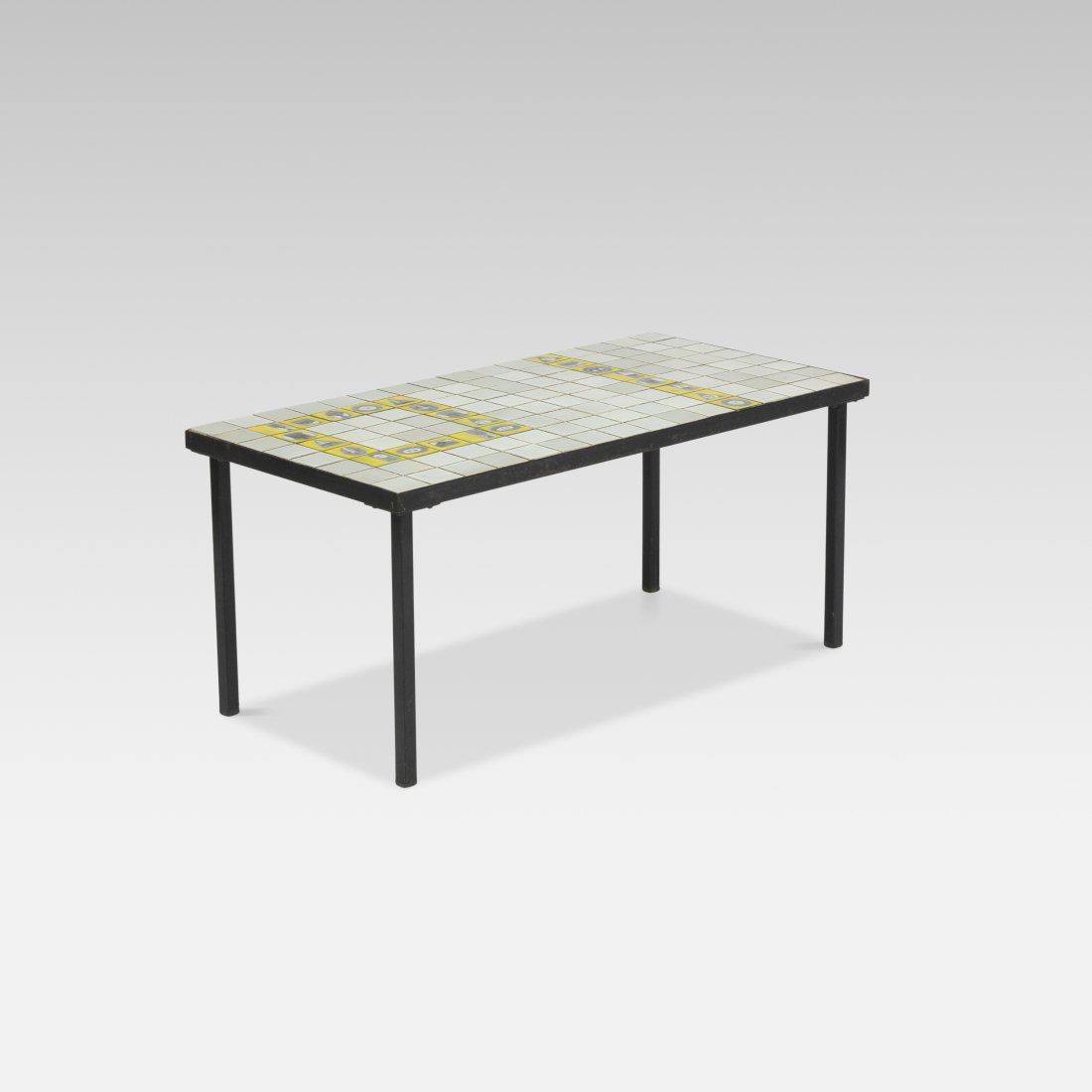 Roger Capron, Coffee Table: France, 1970s glazed tile, enameled steel 15 1/4” x 16” x 33” Coffee table by Roger Capron for Vallauris with yellow face tiles on green-gray field. Tags: modernist, modernism, calif