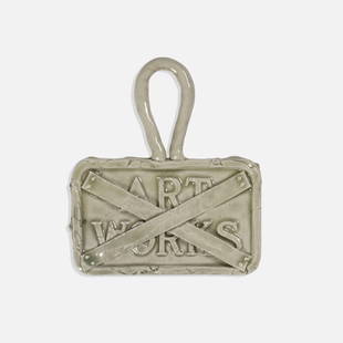 Robert Arneson, Art Works: USA, c. 1970 glazed stoneware 7 3/4" x 8 3/4" Art Works by Robert Arneson with hanging loop. Incised signature to verso [arneson]. Tags: artist, ceramicist, pottery, artisan, decor, table, modern, con