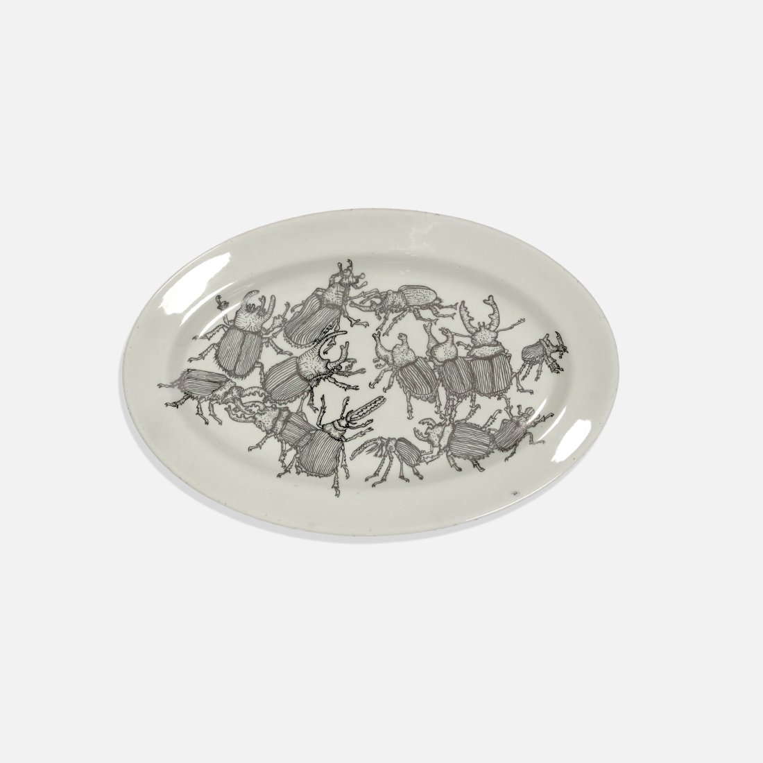David Gilhooly, Meet the Beetles: USA, 2001 silver glaze, porcelain 1 3/4 x 16 1/2 x 10 1/2 Meet the Beetles by David Gilhooly with fourteen hand painted beetles on repurposed antique porcelain platter. Signed and dated to back [David