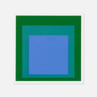 After Josef Albers, Homage to the Square Sample Print: USA, c. 1965 screenprint in colors 16" x 15 1/2" frame 10 3/4" x 10 1/2" aperture Sample print of Homage to the Square Blue & Green by Josef Albers. Provenance: Estate of Sewell Sillman Tags: modern,